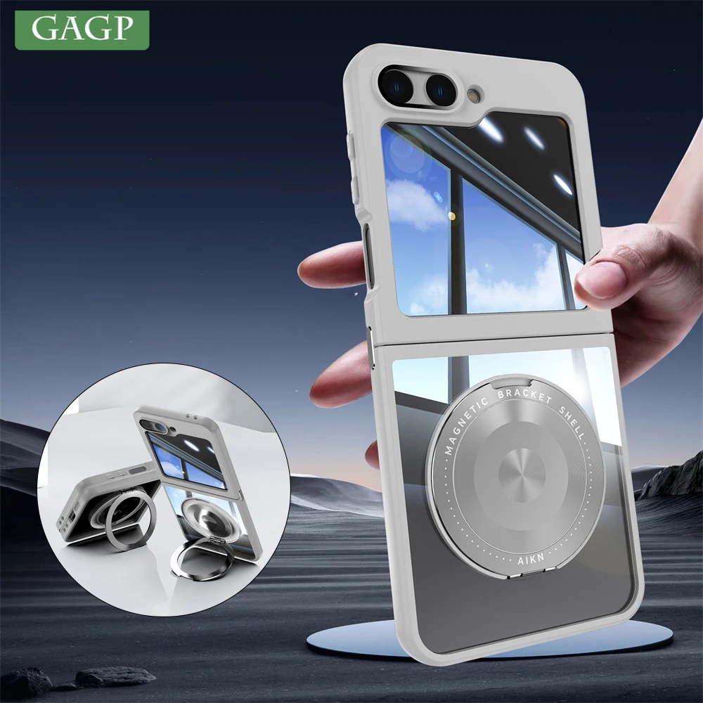 

Luxury Metal Magsafe Bracket Case for Samsung Galaxy Z Flip 6 Kick-stand Holder Clear PC TPU Armor Cover for Galaxy Z Flip6 Bag