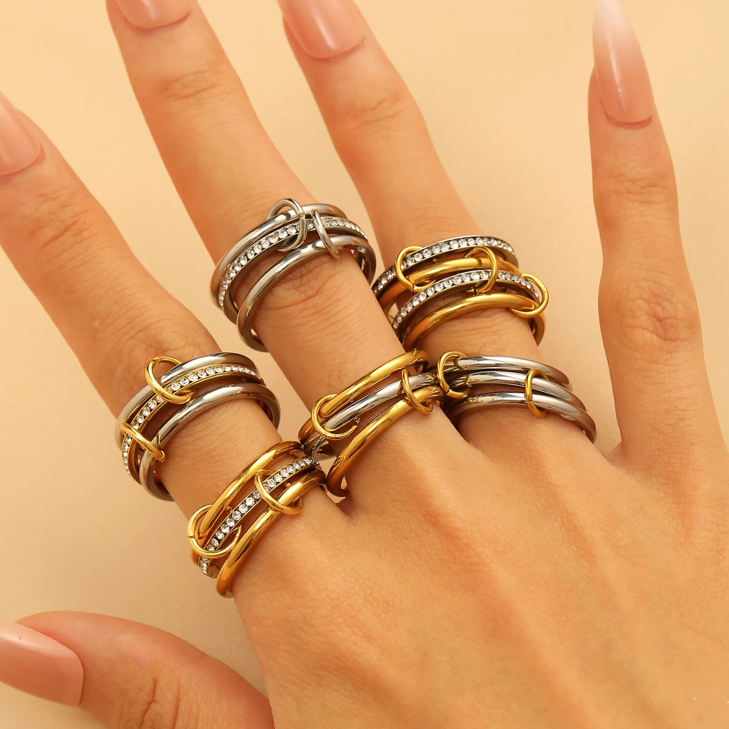 LATS Gold-plated Stainless Steel Multi-layered Contrasting Stacking Rings for Women Fashion Hand Jewelry