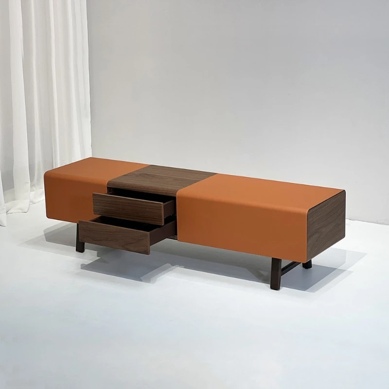 Modern minimalist saddle leather bench with two drawers shoe stool