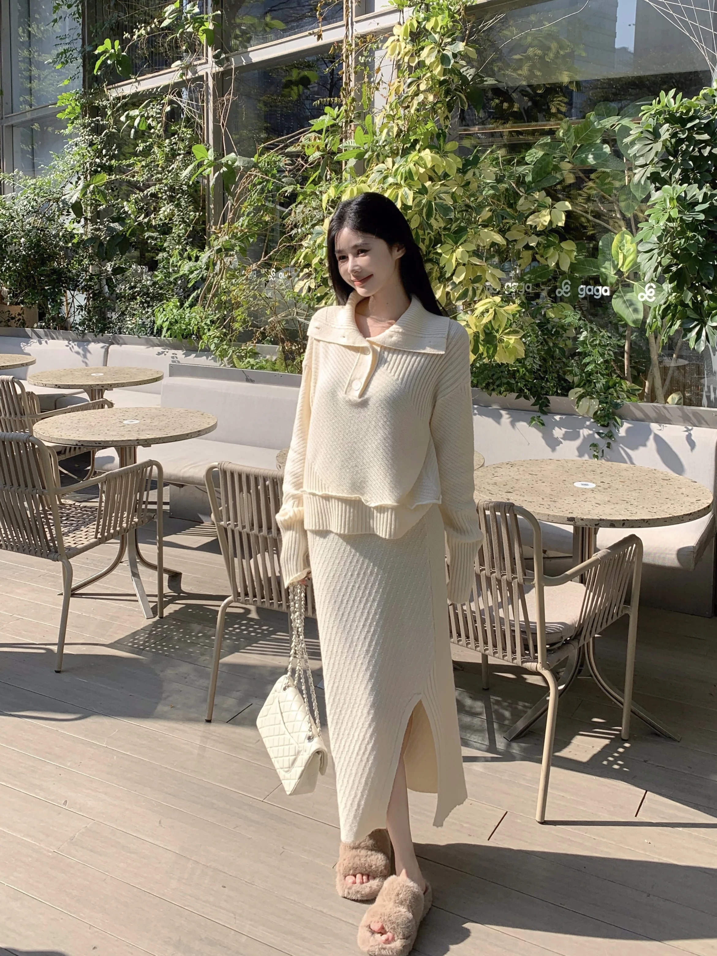 Women's Lapel Long-sleeved Loose Casual Age-reducing Pullover Sweaters + High Waist Wrapped Hip Mid-length Skirts Two-piece Set