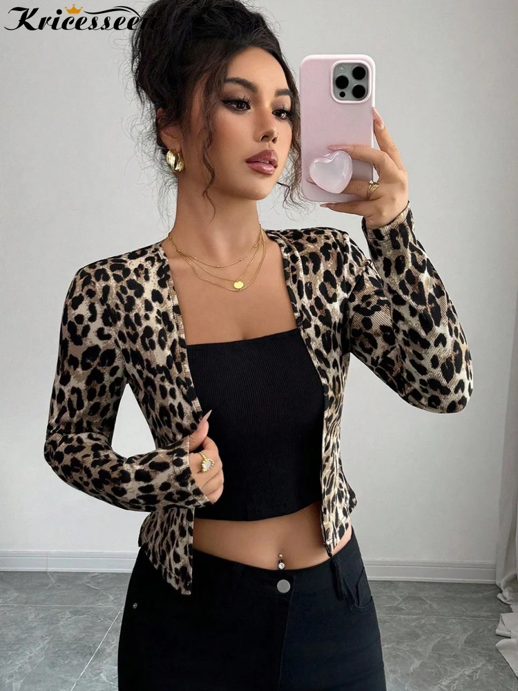 

Kricesseen Wild женский укороченный кардиган с леопардовым принтом, куртка, шикарный тонкий топ с длинными рукавами и открытым передом, верхняя одежда, наряды для ночного клуба