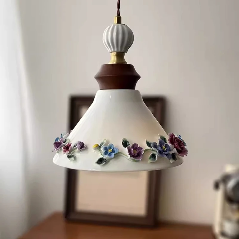 

French Style Ceramic Flower LED Pendant Lights Kitchen Island Living Room Study Interior Lighting Mid Century Retro Hanging Lamp