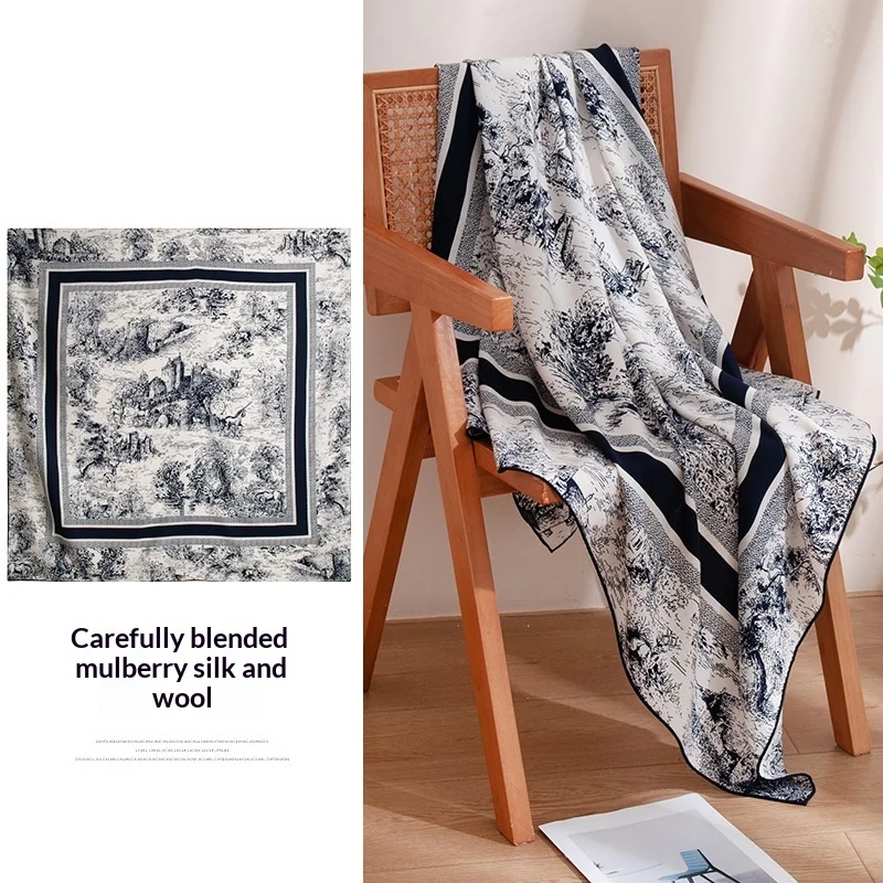 French vintage hand-rolled double-sided silk wool scarf, light luxury, high-end large square scarf, indoor shawl