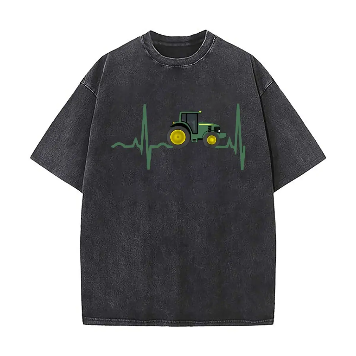 Tractor Heartbeat Farming  Inspired Graphic with EKG Line Casual Washed Distressed T Shirt Vintage Minimal Short Sleeve Top