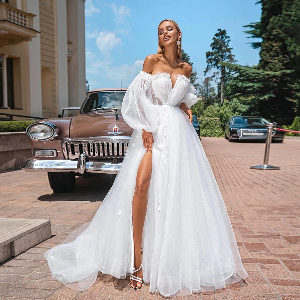 Suknie ślubne z koronkowymi aplikacjami dla panny młodej, tiulowe, długie, z odkrytymi ramionami, plażowe, w stylu boho, na zewnątrz, księżniczka, suknie ślubne.