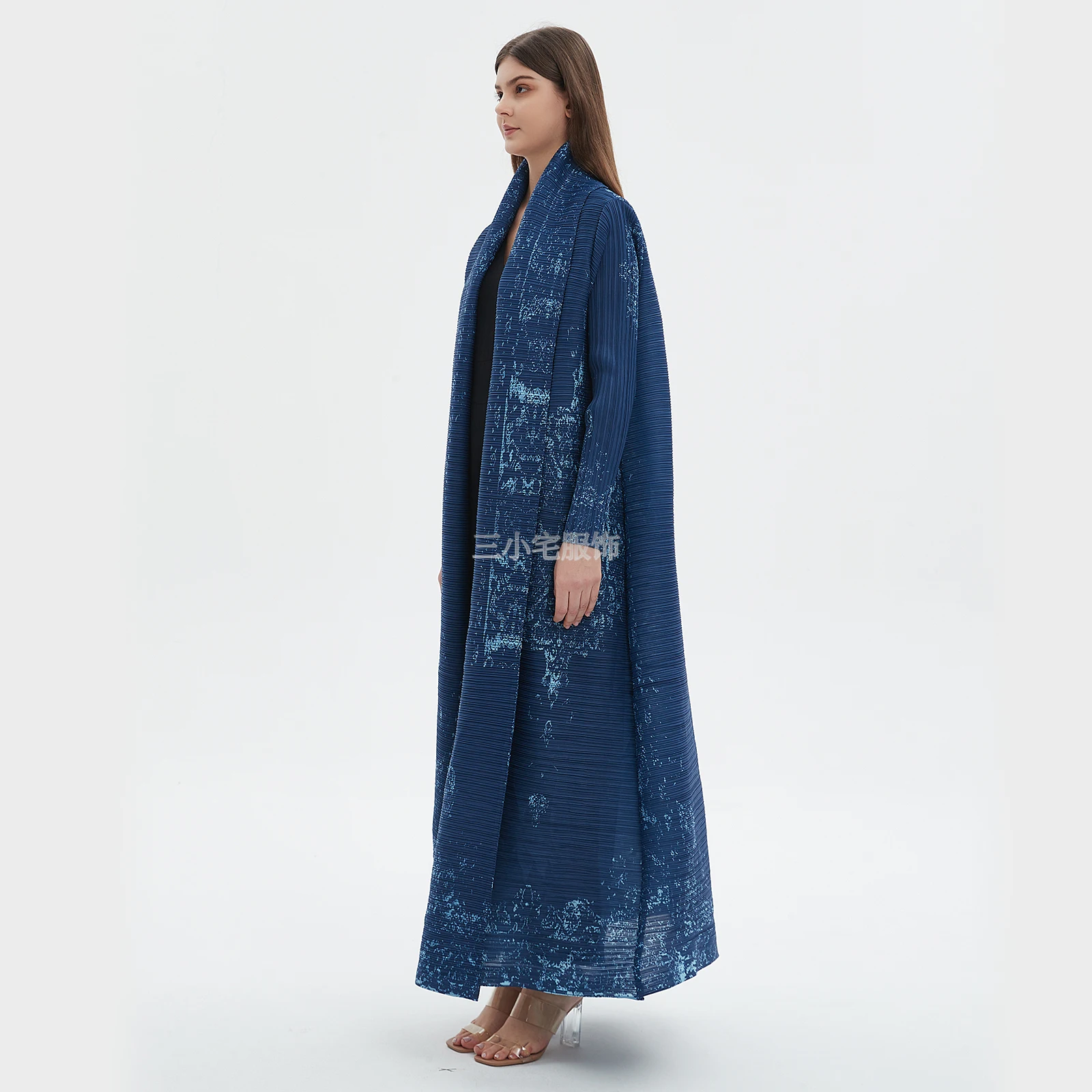 ALSEY Miyake Pleated Women's Trench Coat Nine Sleeves Loose Plus Size Cardigan Vintage Printed Arab Robe 2024 Summer New