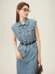 FSLE French Retro Cotton Sleeveless Denim Casual Straight Dress For Women 2024 Summer New Arrival Chic Style Dress 24FS12180