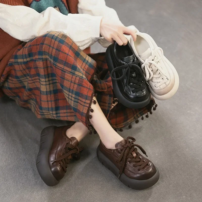 Careaymade- wider toe Spring New Comfortable Retro Genuine Leather Thick Soled Shoes Commuter Versatile Lace Up Women's Shoes