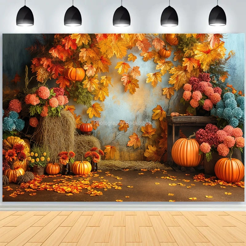 Halloween Day Autumnal Pumpkins Photography Backdrops Props Maple Leaf Scarecrow Farm Harvest Thanksgiving Background RR-23