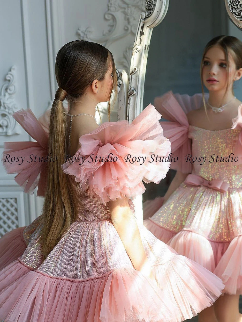 Moda Mini abiti da spettacolo per bambini maniche a sbuffo a-line Mini Pink Flower Girl Dress Princess Baby prima comunione