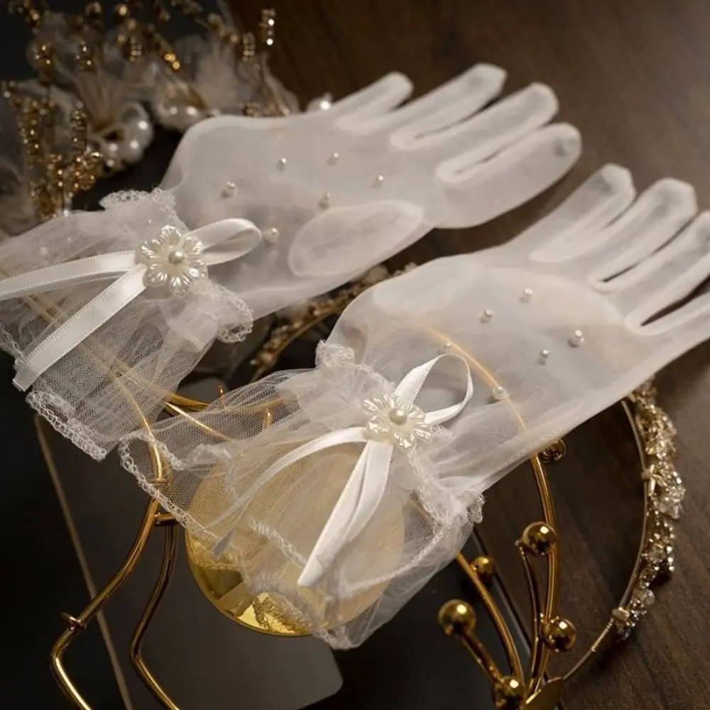 

1 Pair Marie Cat Cos White Satin Gloves Wedding Mesh Short Glove Bow Knot Gloves Sweet Elegant Lace Gloves Women Wedding Dress
