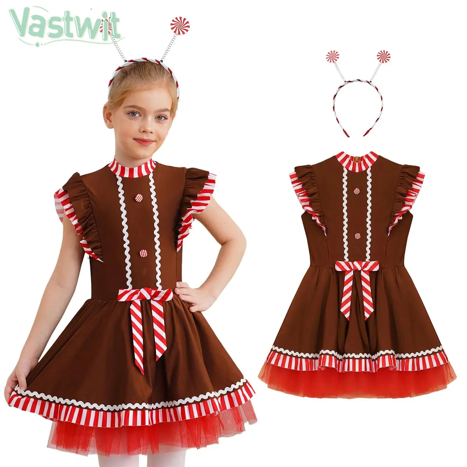 Children Girls Christmas Gingerbread Man Cosplay Performance Costume Striped Tutu Dance Leotard Dress with Lollipop Hair Hoop