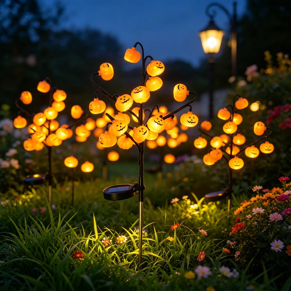 1PC 20LED Halloween Outdoor Solar Pumpkin Tree Stake Lights, Waterproof LED Ground Stake Light for Garden Yard Pathway Decor