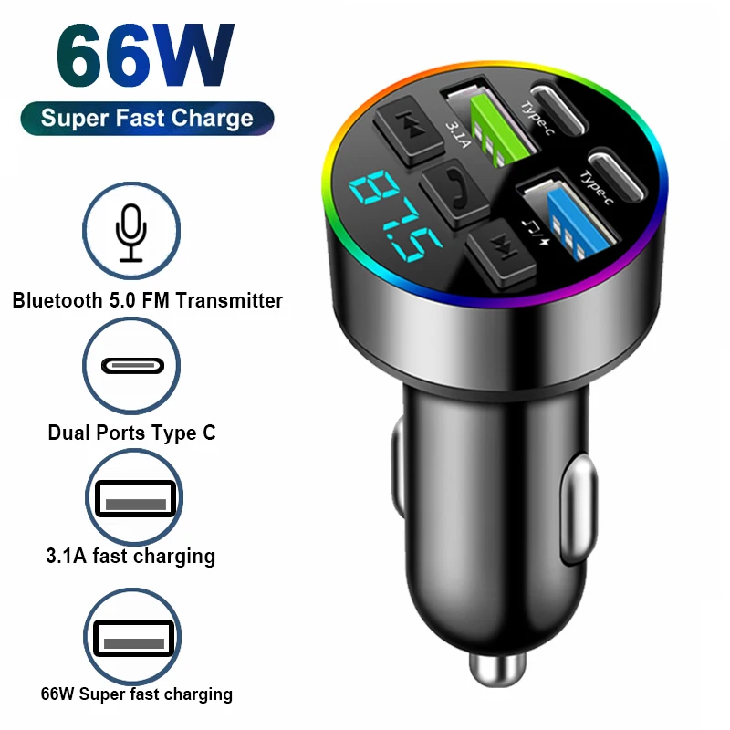 Bluetooth 5.0 Car Fm Transmitter Handsfree Wireless Car Kit MP3 Player Audio Receiver 66W USB Fast Charger with Ambient Light