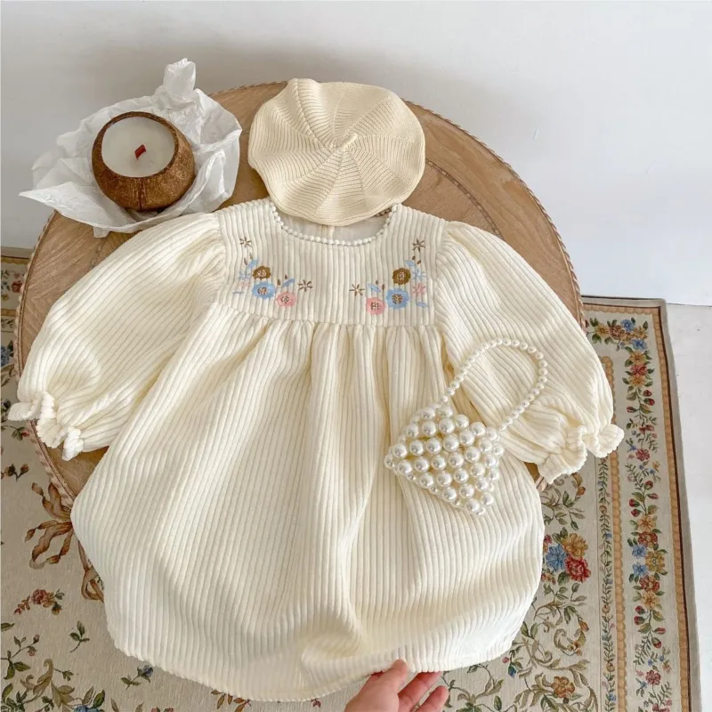 2024 Spring New Infant Baby Girl Dress Corduroy Embroidered Flower Pullover Long Sleeve Solid Dress Cute Newborn Girl Vestido