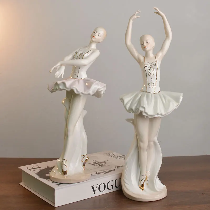 Ballerina Girl Poses with High-end Ceramic Figure Statue, TV Cabinet and Wine Cabinet in Entrance Hall Dance Art Decoration