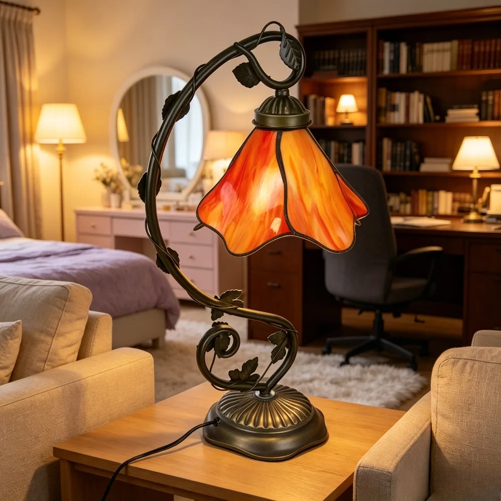 European Black Branch-shaped Resin LED E27 Table Lamps Petal Glass Lampshade Living Room Bedroom