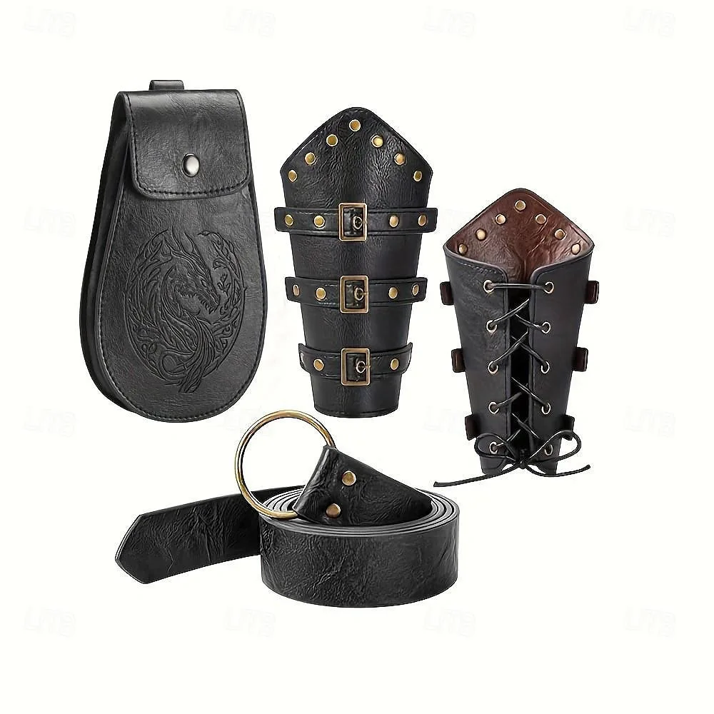 Protetores de pulso de couro medieval com tachas, cinto de bainha de espada de cavaleiro viking, adereços para festa de cosplay de Halloween