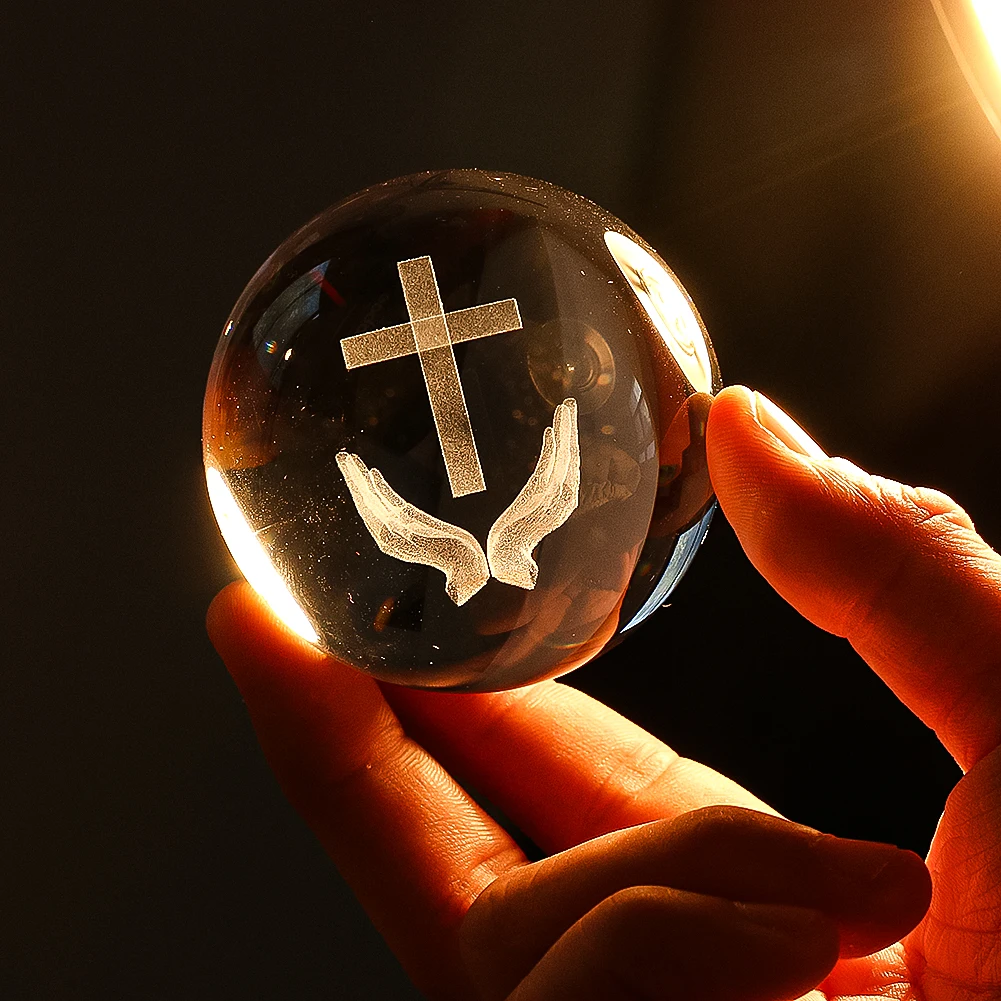 

Christian Jesus Cross Crystal Ball Church Figurine 3D Laser Engrave Ball Religious Christian Gifts Glass Paperweight Home Decor