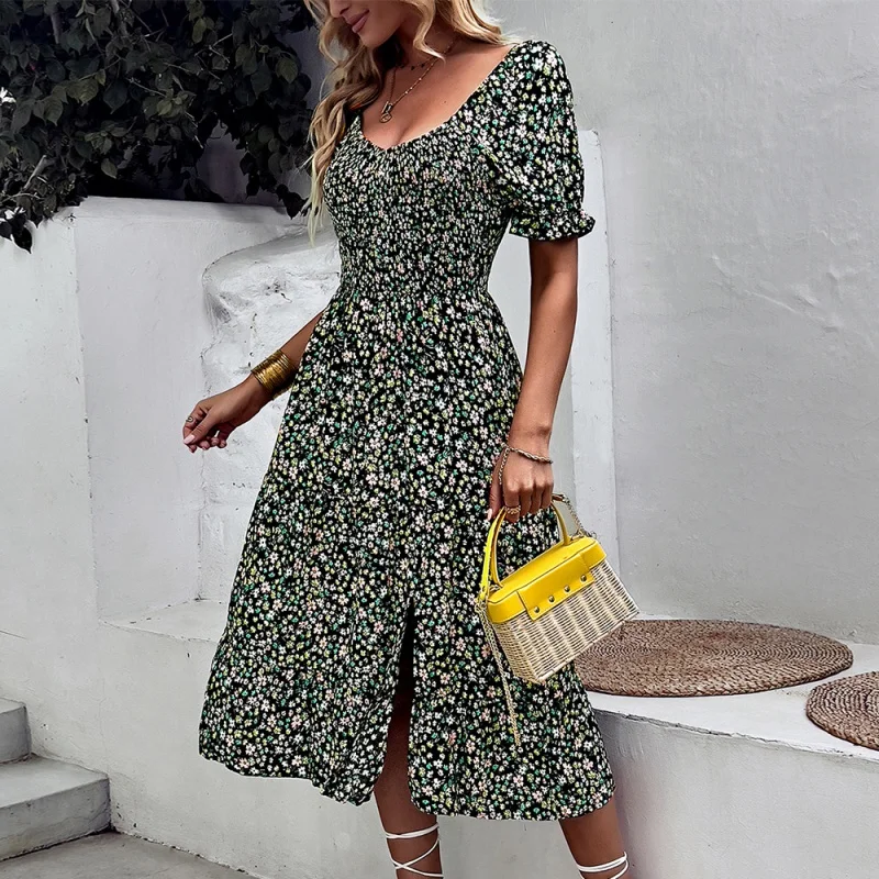 DY-Self-Designed and Designed Bohemian Printed Dress, Large Swing Skirt, Round Neck, Summer