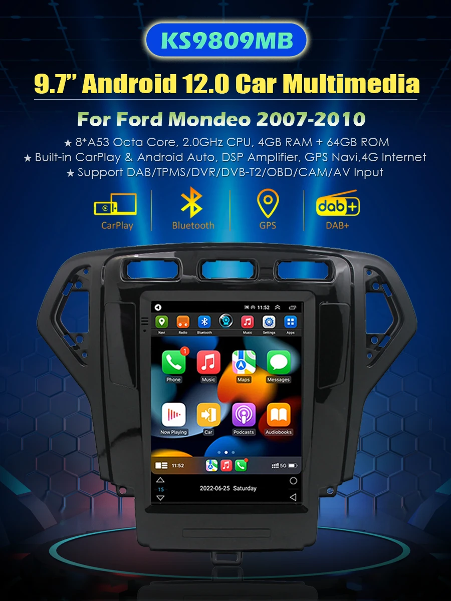 KS9809M 9.7 inch Wireless Carplay Android Auto 4G 4+64GB Car Multimedia DAB Radio For Ford Mondeo MK4 2007-2010 GPS Car Stereo