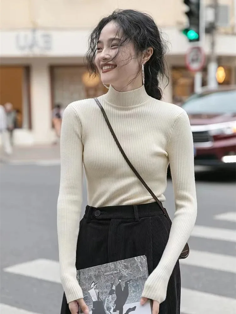 Autumn Winter 2025 Women Sweater Long Sleeve Knitted Turtleneck Ribbed Pull Sweater Soft Warm Femme Jumper Pullover