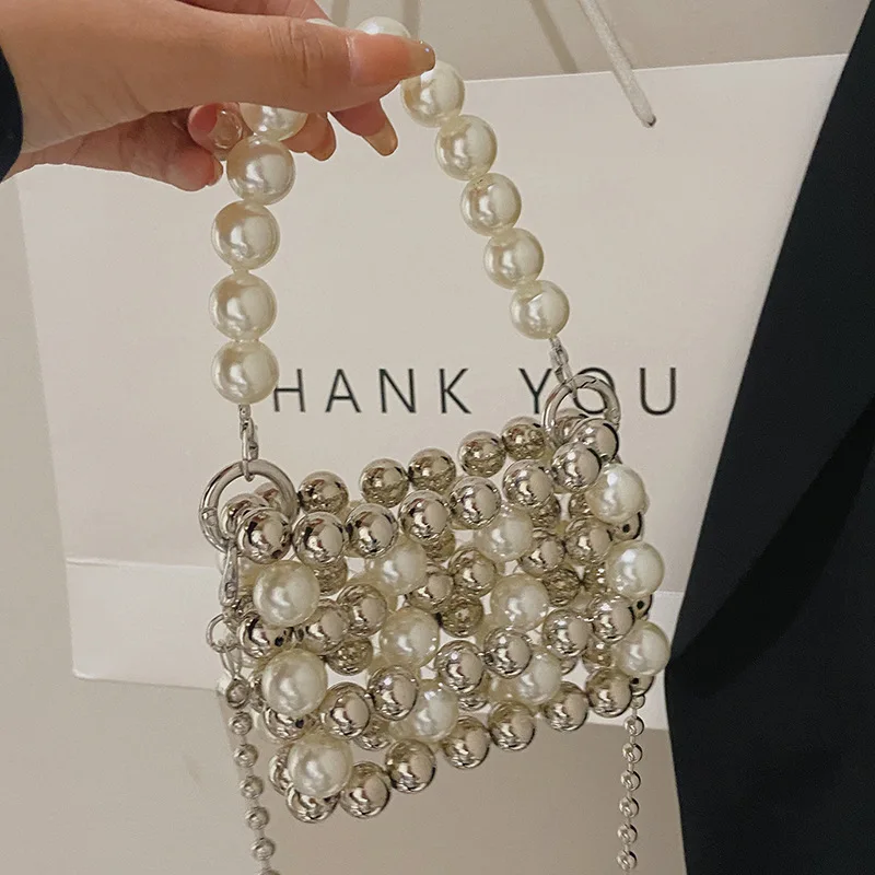 Luxury Beaded Pearls Handbags Mini Beading Party Evening Bags for Women Hollow Woven Shoulder Crossbody Bag Wedding Purse