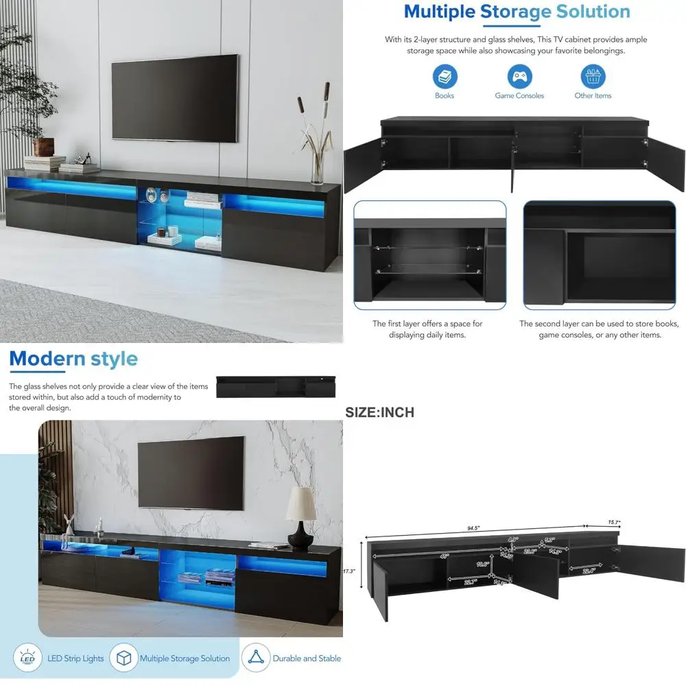 

LED-Illuminated Merax TV Stand with 2 Glass Shelves, Modern Media Console for Entertainment Center
