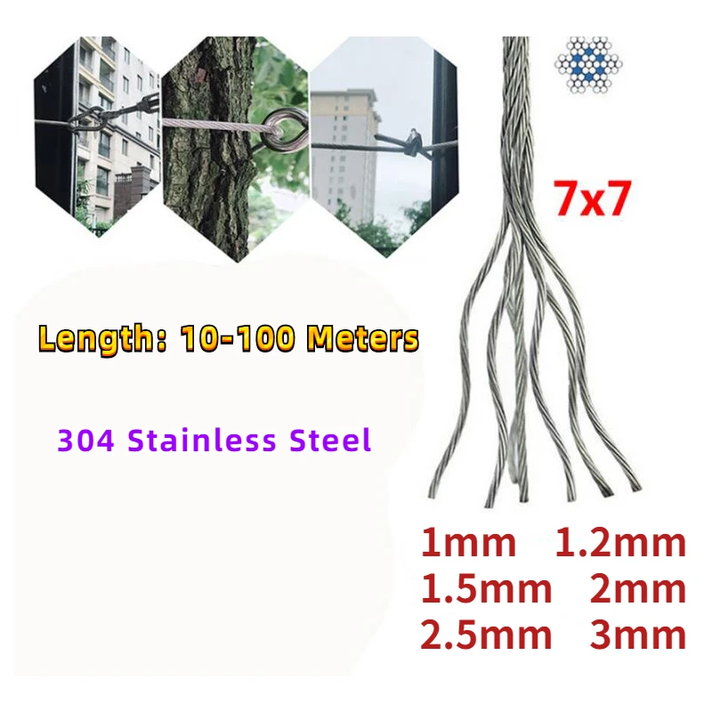 10-100M 1/1.2/1.5/2/2.5/3mm Diameter 7X7 Construction 304 Stainless Steel Wire Rope Alambre Softer Fishing Lifting Cable