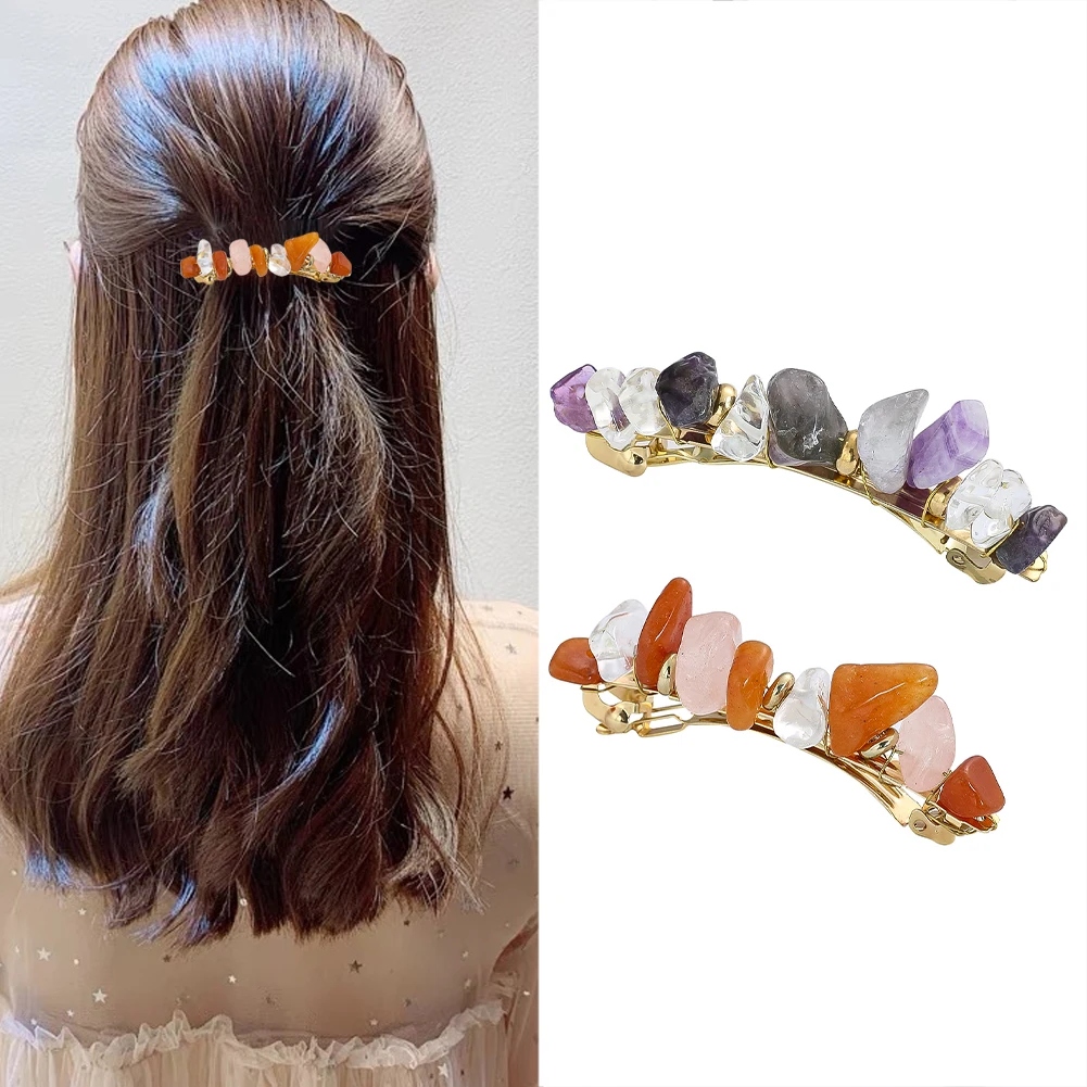 Crystal Stone Barrette Irregular Natural Stone Gold-color Wire Wrapped Hair Clip Hair Accessories for Women Girl Fashion Jewelry