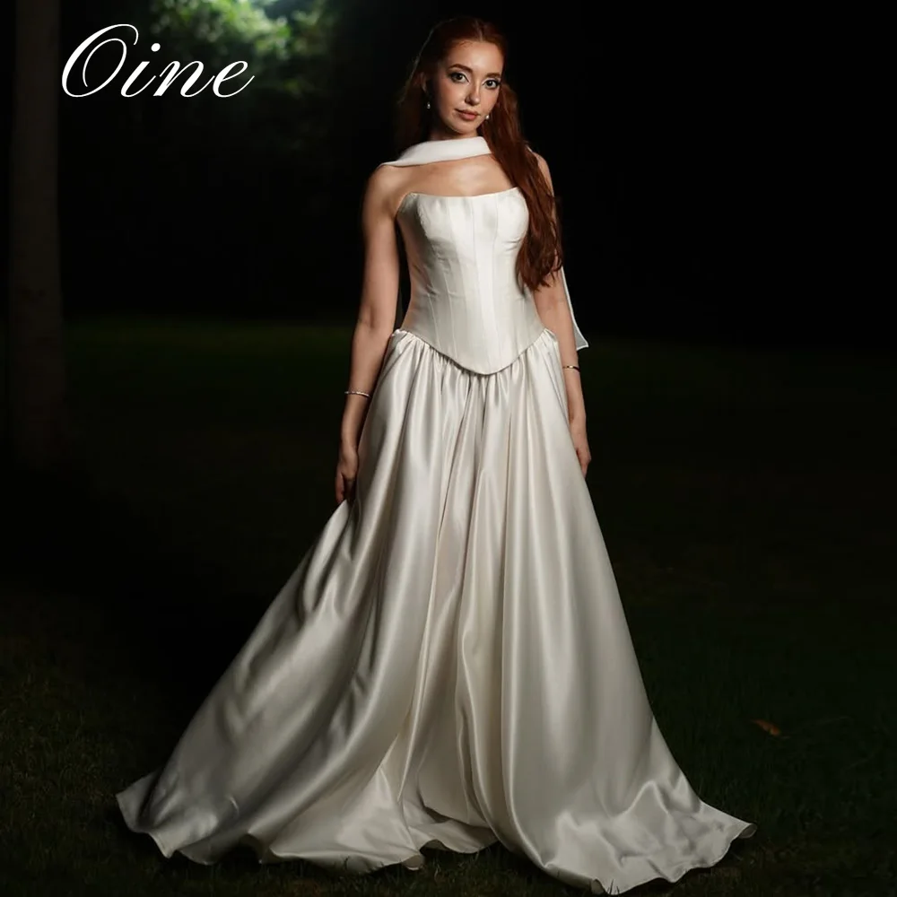 Oine 2026 Elegant Satin Wedding Dress Removable shoulder strap with BibsStrapless Pleat vestidos de novia Bridal Gown Customized