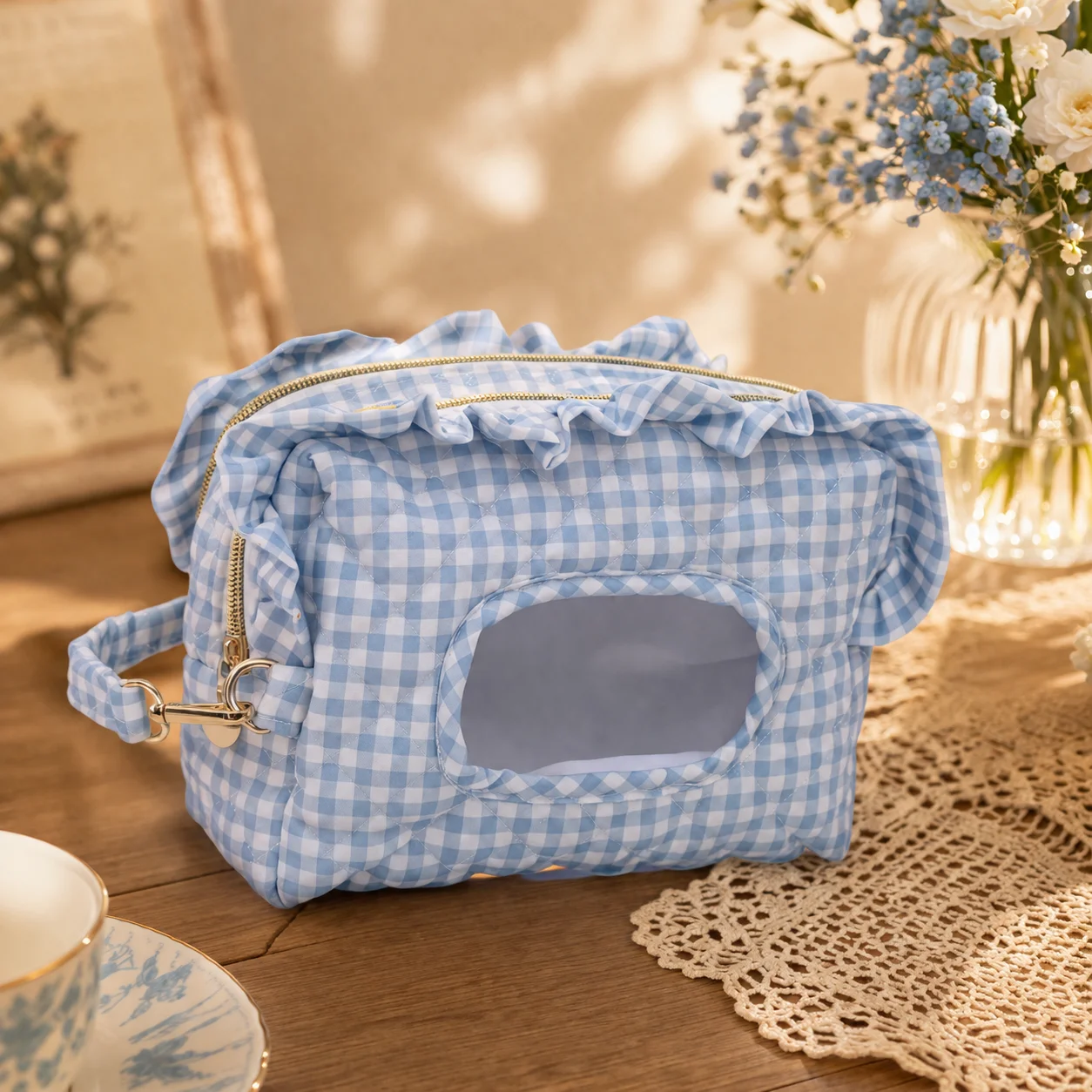 Cosmetic Bag Vintage French Lace Travel Organizer Pouch for Women Girls Waterproof Plaid Floral Makeup Storage Case Large