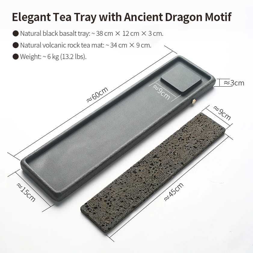 Basalt Tea Tray 60x15cm Detachable Natural Volcanic Stone Hand Carved Dragon Dry Brew Drain Kung Fu Tea Home Decor Festival Gift