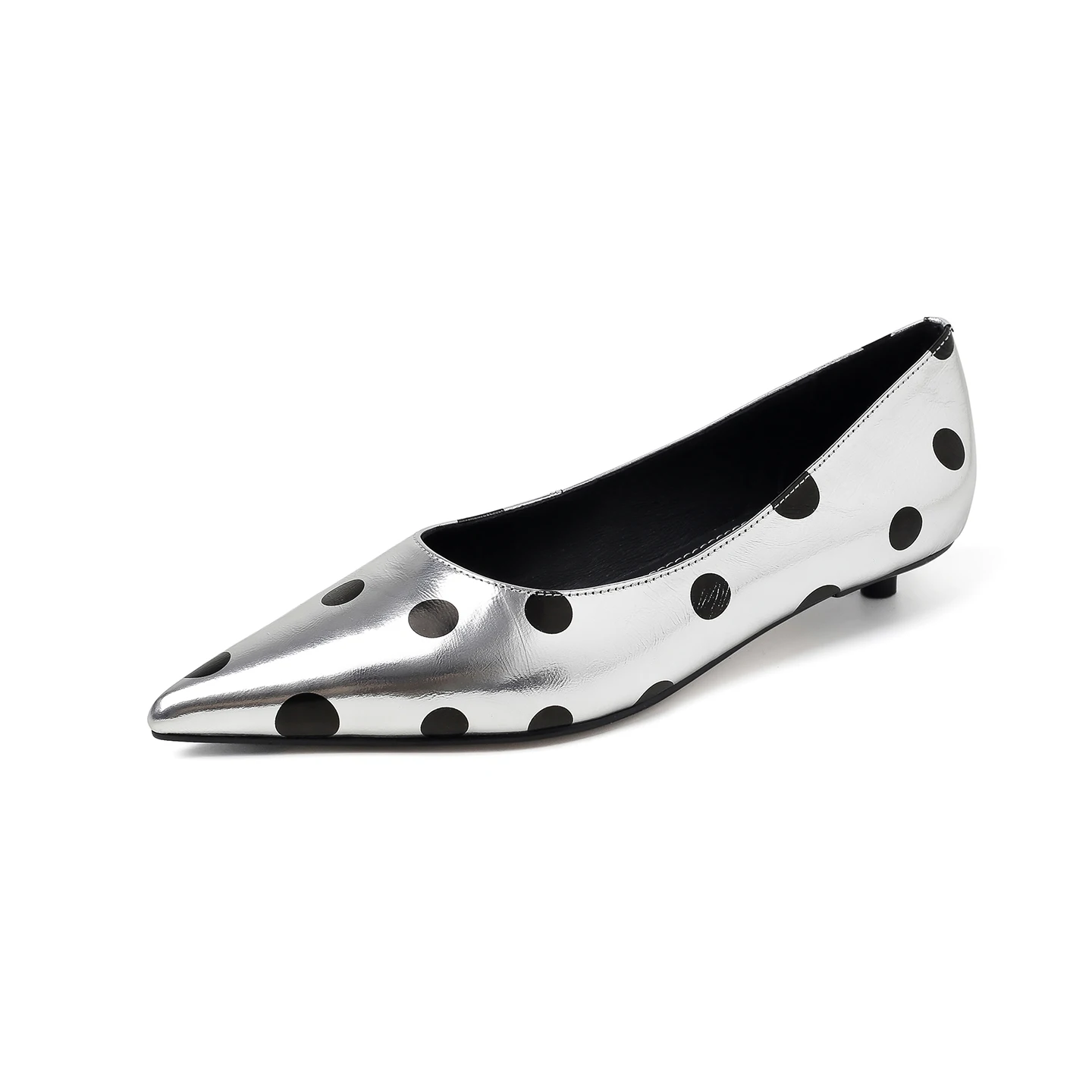 Genuine Leather Cowhide Women Shoes,Pointed Toe 2CM Low Heel Polka Dot High Heels,Fashion Silver Women's Pumps