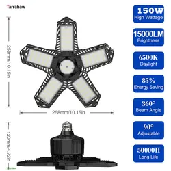 LEDガレージライト、5つの調整可能なパネルを備えた150w超高輝度LEDライト、15000lm 6500kガレージ、ワークショップ用のLEDガレージシャンデリア