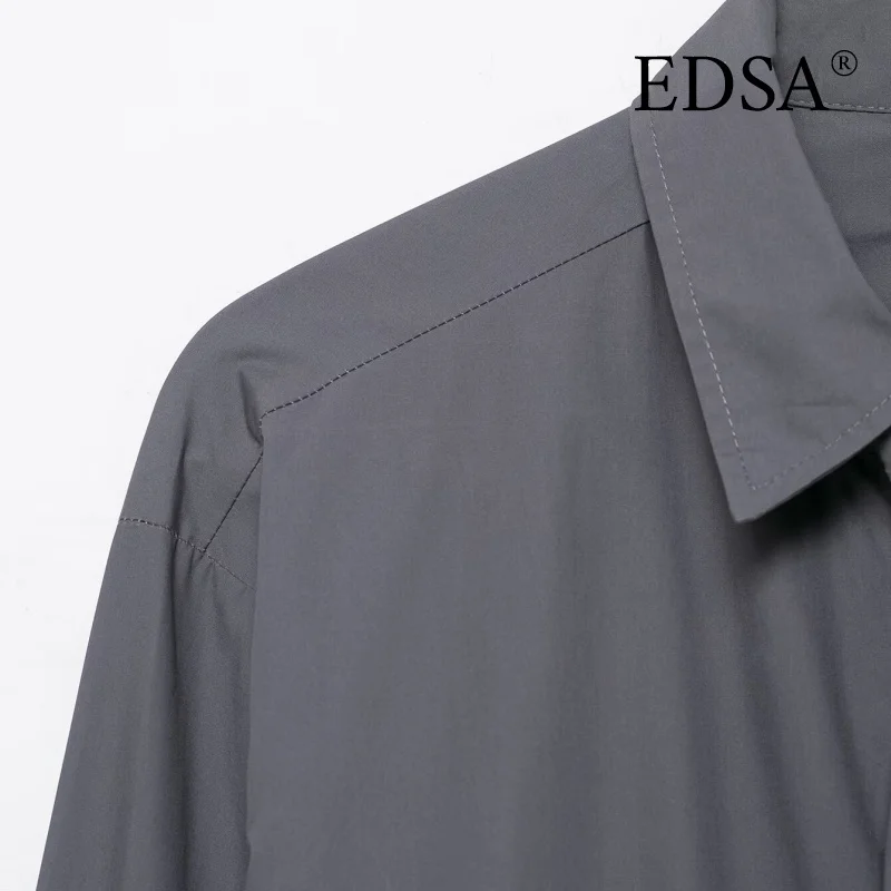 قميص نسائي قصير من EDSA بأكمام طويلة لربيع وصيف بلون سادة