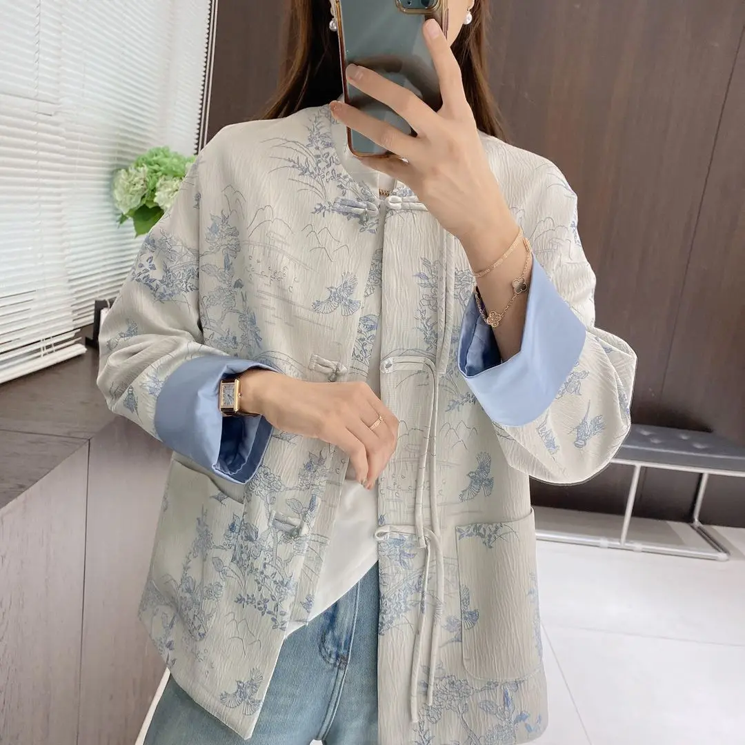 New Chinese Retro Light National Style Short Tang Suit Stitching Printed Coat Spring Plate Buckle Coat Improved Tangsuits Top