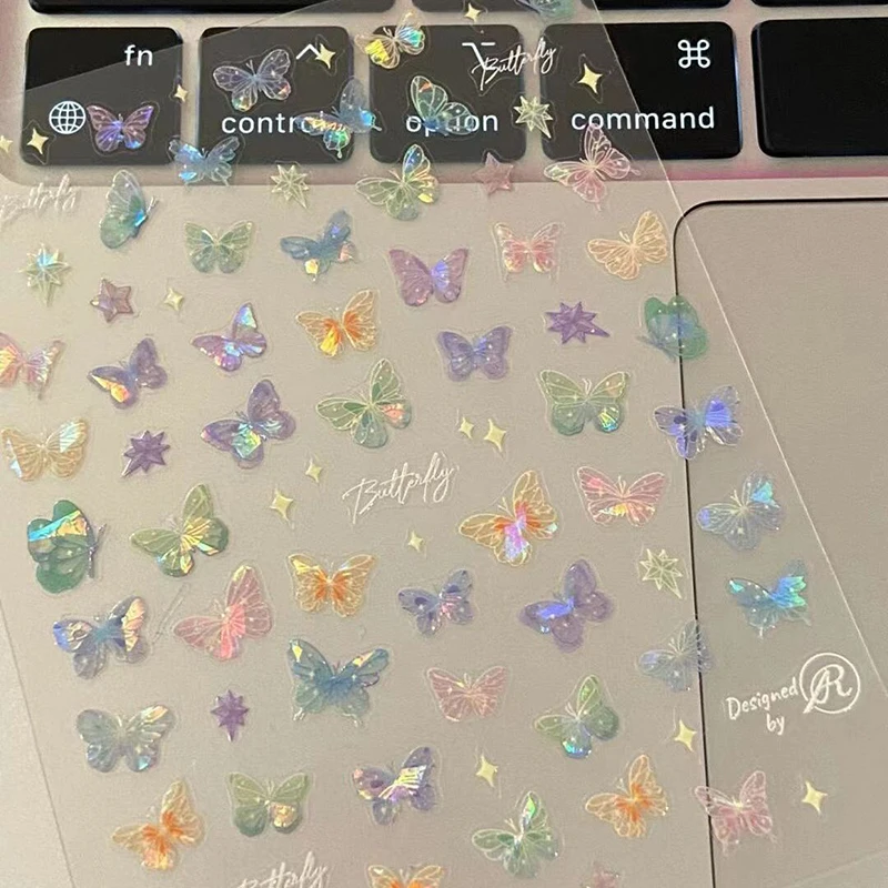 Embossed Laser Nail Art Stickers, Colorful Fairy Butterfly Wing Streamer Decals, Delicate Fashion Manicure Decor Accessories