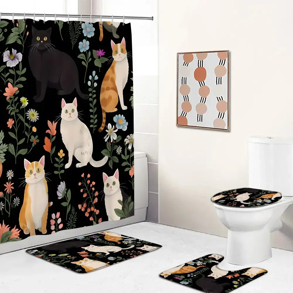 Funny Cat Shower Curtain Set Cat Riding Shark Dinosaur Space Planet Floral Polyester Bathtub Mat Home Carpet Toilet Lid Cover