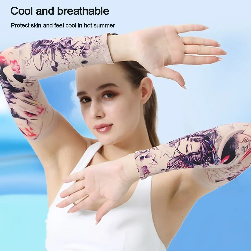 1Pair New Flower Arm Tattoo Sleeves Seamless Outdoor Riding Sunscreen Arm Sleeves For Men Women Sun Uv Protection Arm Warmers