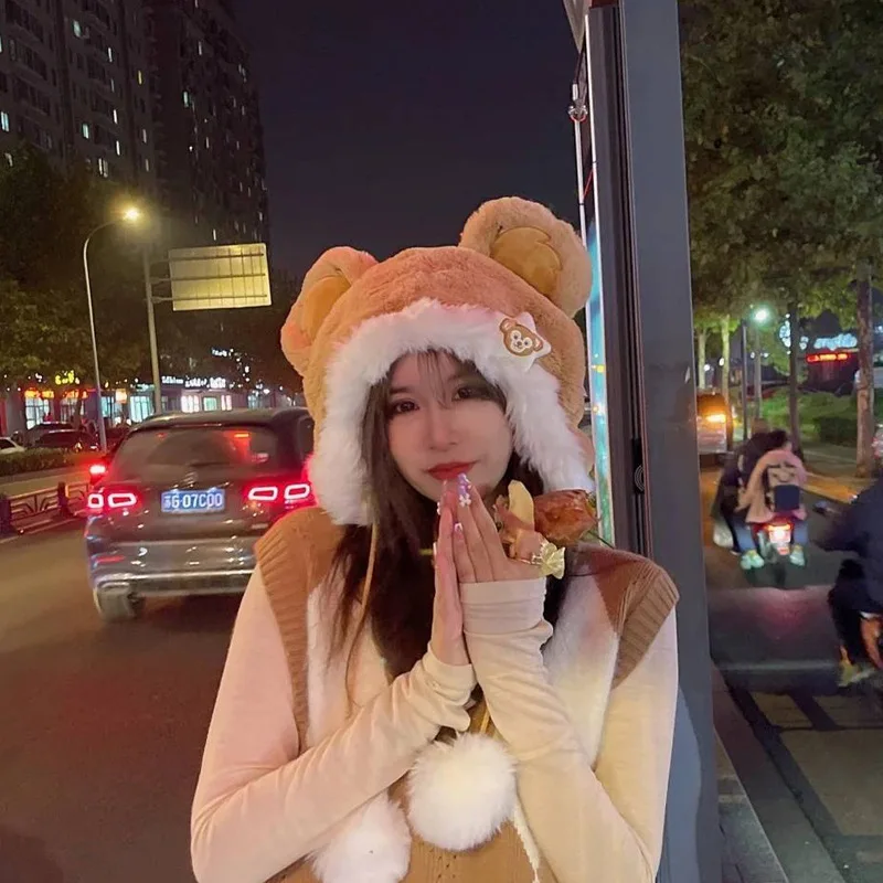 Cartoon New Plush Hat Soft Cute Girl Little Bear Cute Ear Protection Warm Hat Winter Women Lolita Jk Fashion Accessory 2023