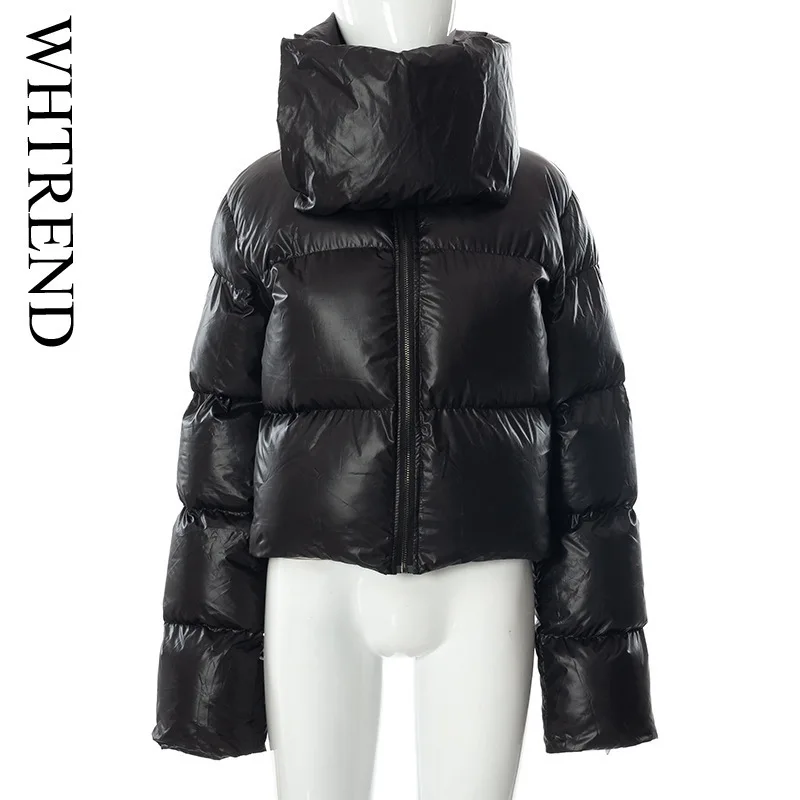 

WHTREND Black Cotton Padded Coats For Women Scarf Collar Long Sleeves Zipper Jacket Winter Fashion Warm Coats