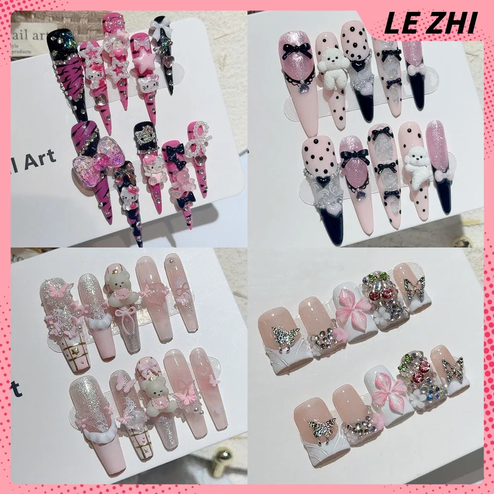 

Cartoon Cute Long Coffin Stiletto Handmade Nail Party Stickers Kawaii Dog Bear Hello Kitty Bow Pearl Rhinestone Fake Nails Gift