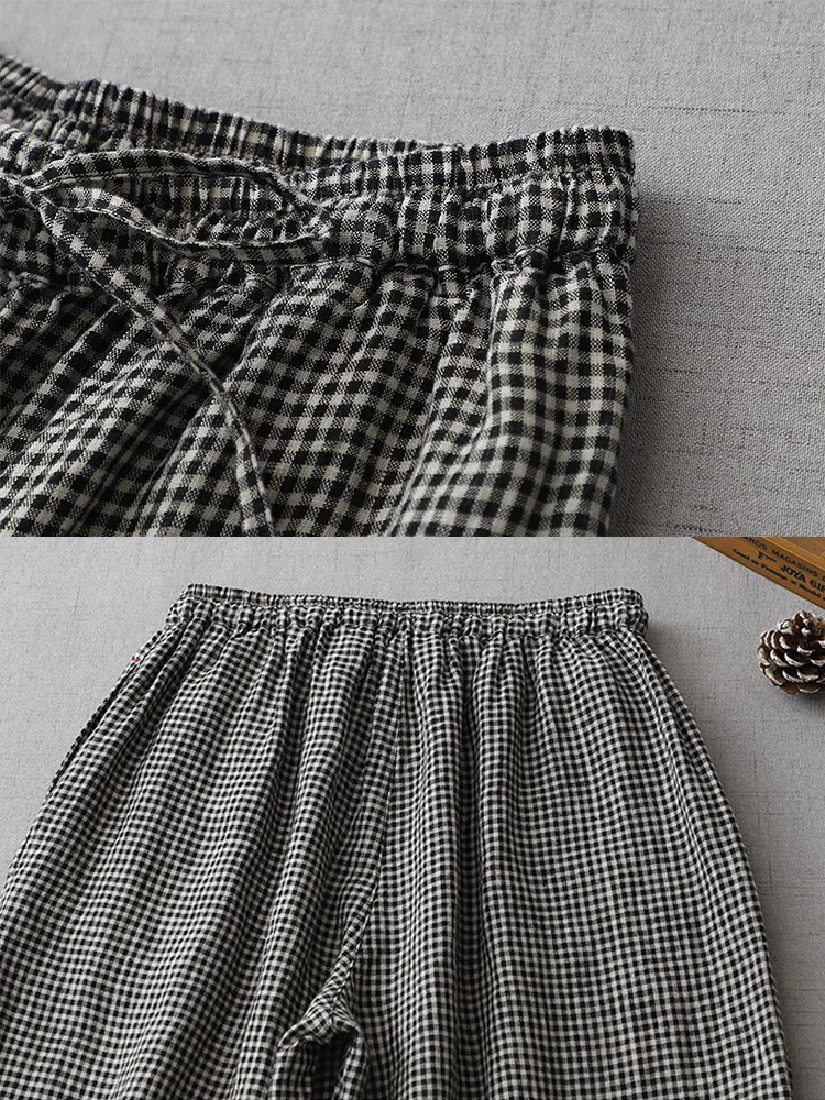 2024 New Vintage Plaid Women Harem Pants Elastic Waist Casual Loose Straight Trousers Casual Loose Cotton Wide Leg Pants