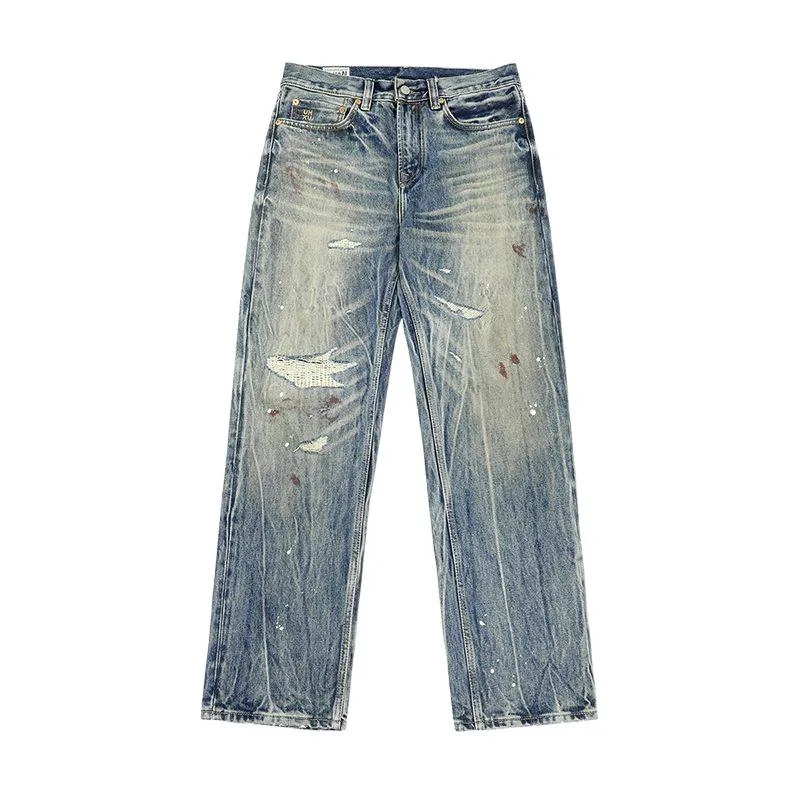 

Мужские джинсы в стиле ретро, элитный винтажный дизайн, уличная одежда, крутые и модные, длинные брюки с потертыми и рваными прямыми штанинами.