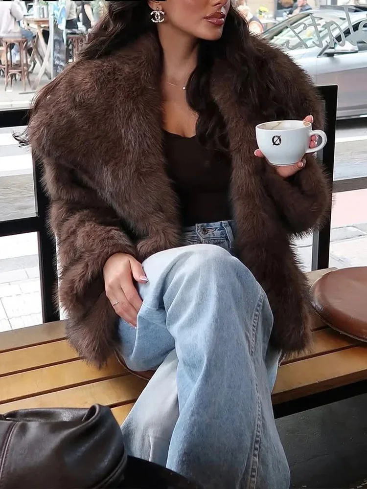 HH 2025 Vintage dámská zkrácená bunda z umělé kožešiny s dlouhým rukávem a odkládacím límcem, dámská plyšová vlněná bunda, elegantní dámská kožešinová svrchní oblečení - náhled 6