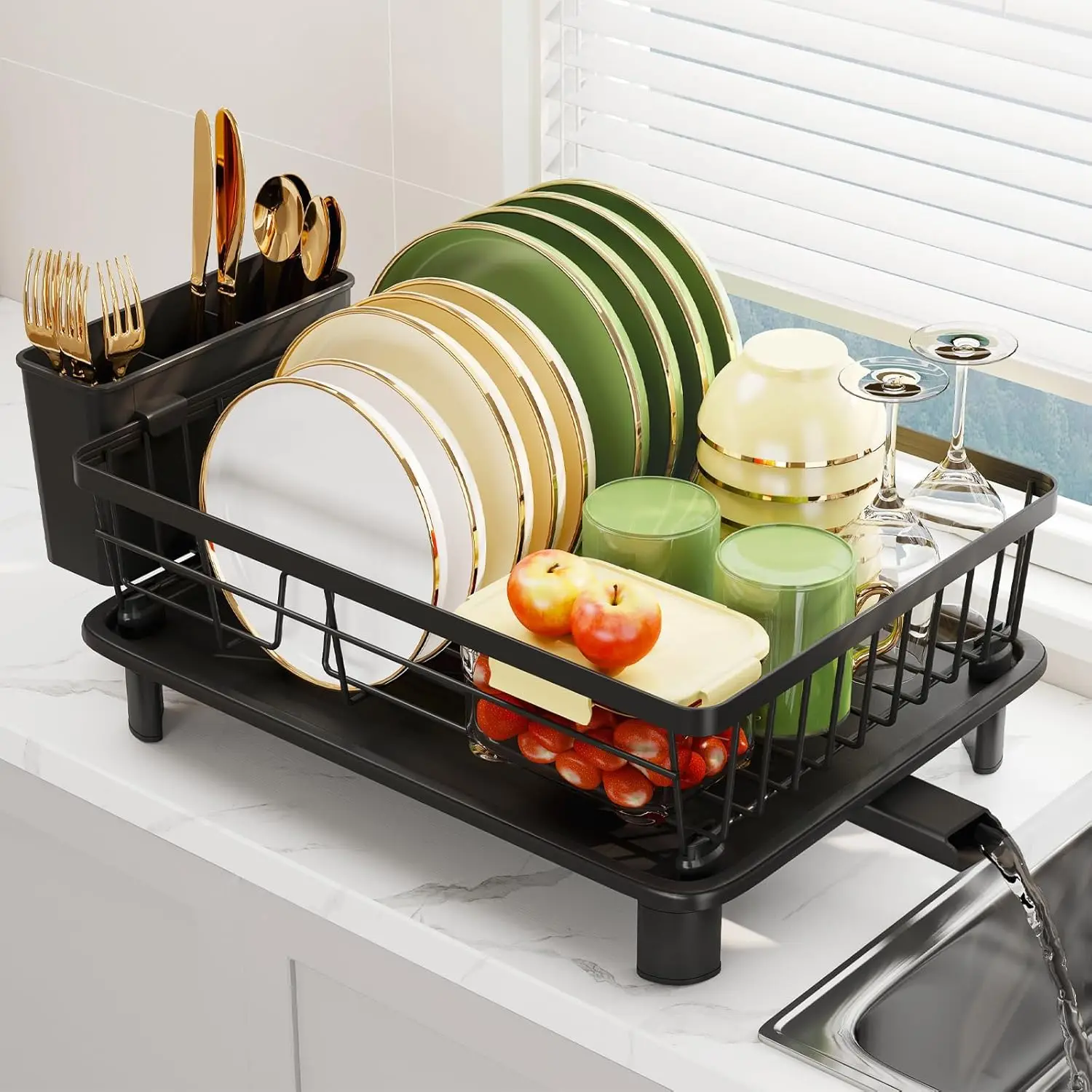 

Dish Drainer Rack with Drip Tray, Sink Dish Drainer with Drainage Spout, Stainless Steel Dish Drying Rack with Cups, Utensil