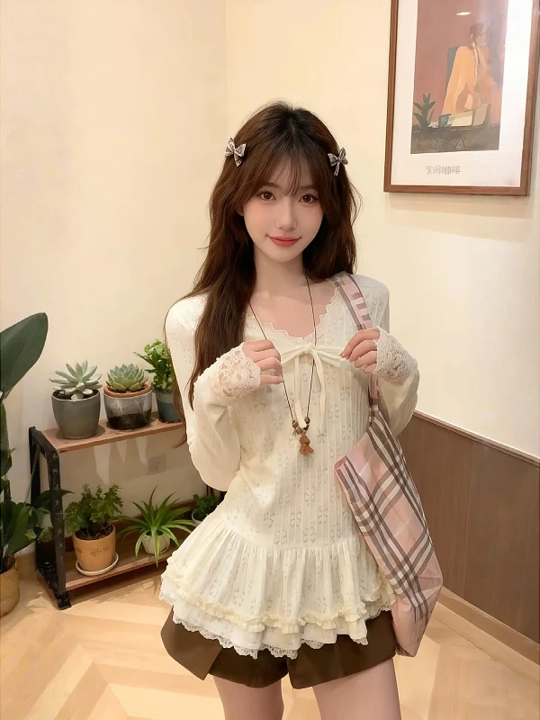 

plus Size Women's Korean Sle Lace Trim V-Ne Long Sve T-irt Ballet Waist Cinching Base irt Inner Wear Top for Autum...