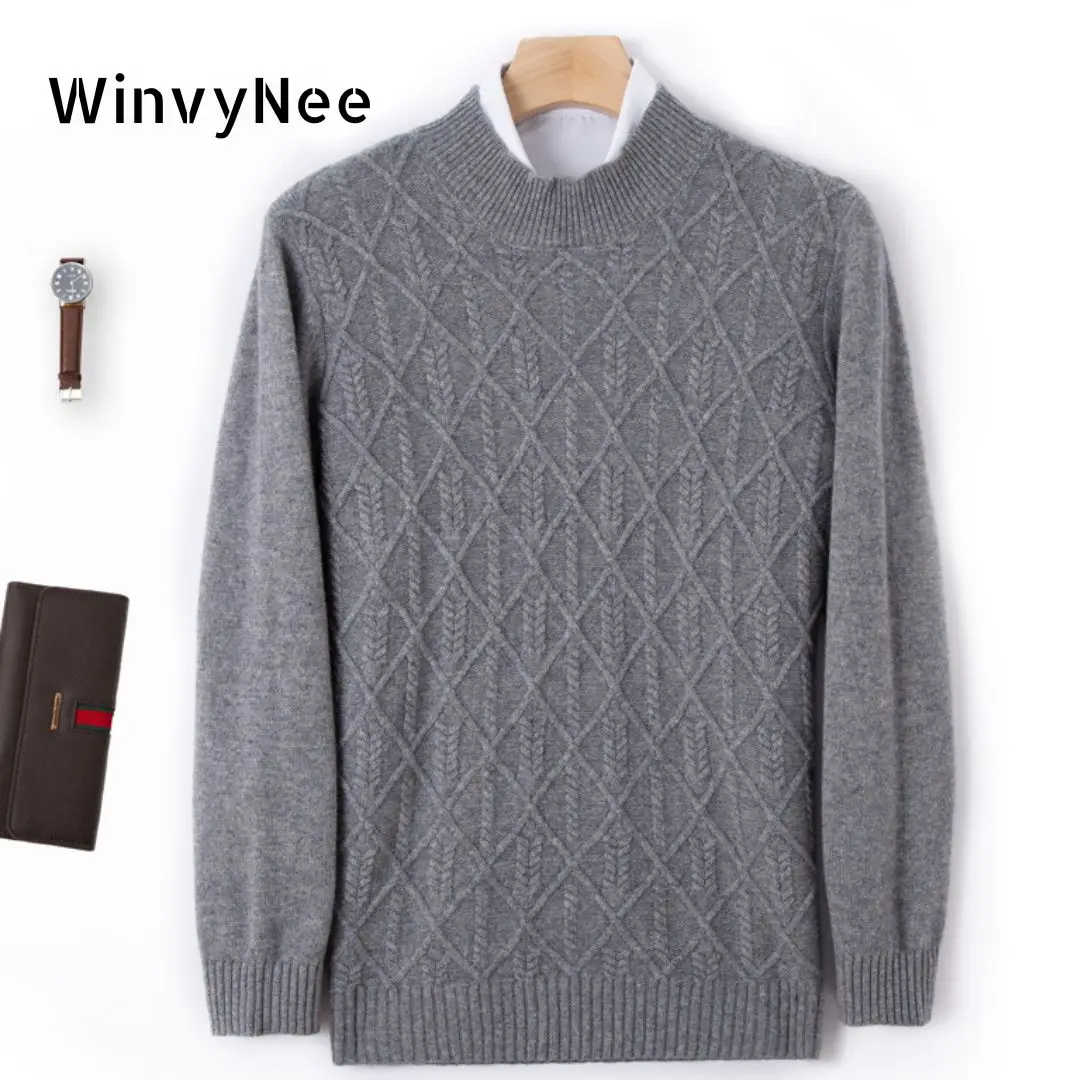 

WinvyNee Wool Sweaters Man's Clothing Mock Neck Warm Thick Casual Argyle Long Sleeve Knitwear Pullovers Autumn Winter M1103009