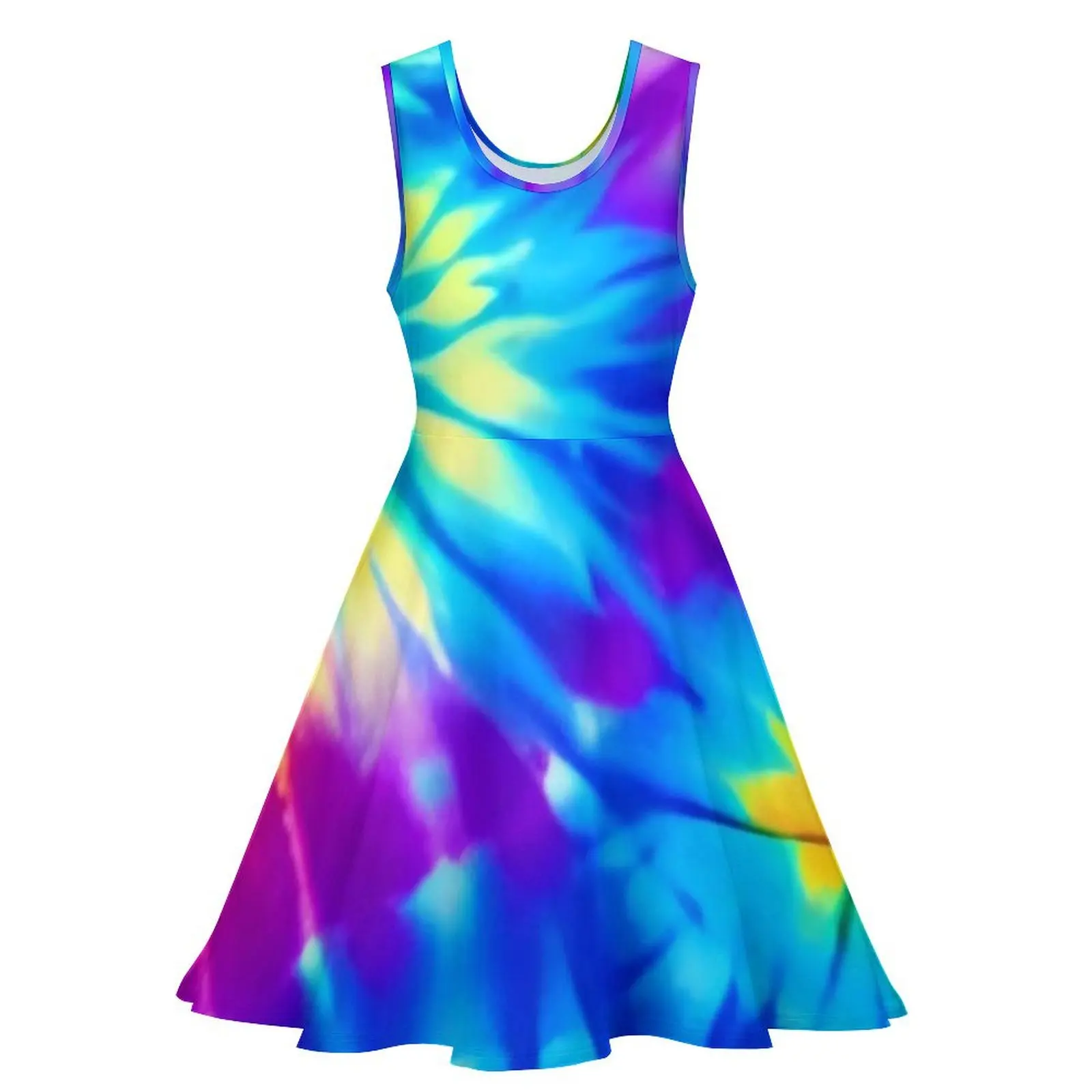 Colorful Tie Dye Dress Rainbow Print Pretty Dresses High Waist Casual Skate Dress Ladies Custom Vestidos Gift